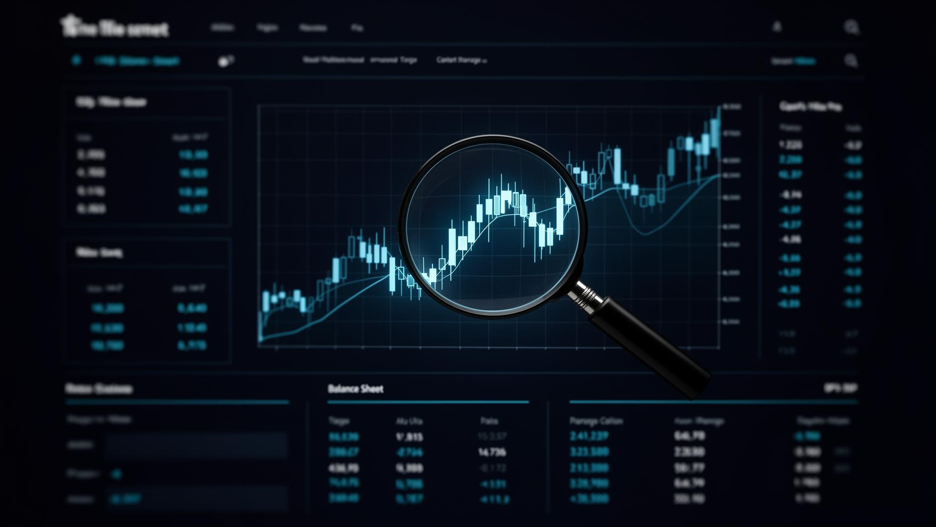 Magnifying glass examining a glowing candlestick stock chart on a dark terminal-style research dashboard